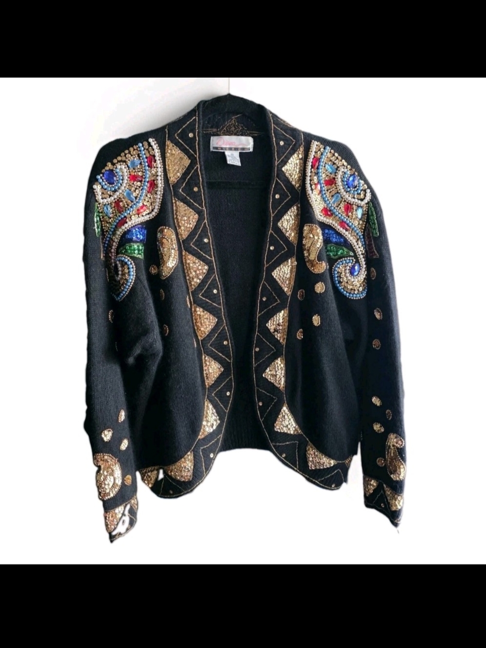 Vintage Diana Marco Black Sequin Beaded Paisley Cardigan Sweater 80s 90s